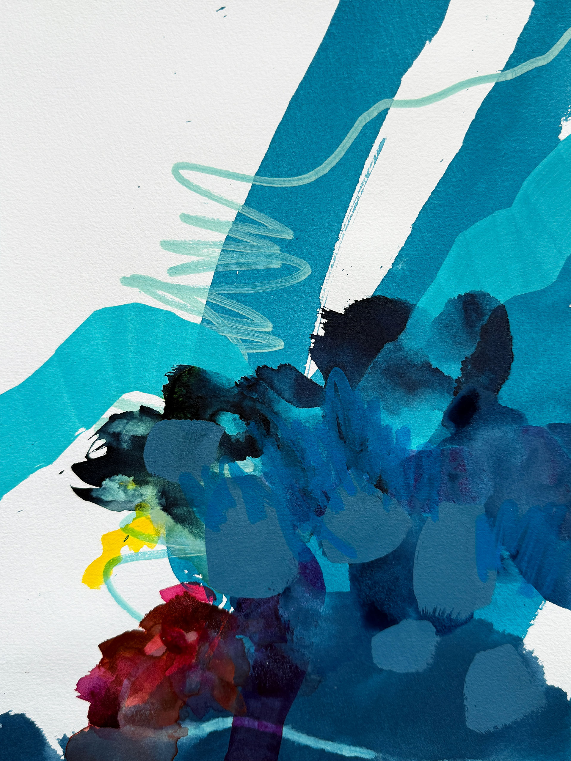 2025 escaping blue I, acrylics on paper, 29,5 x 20,8 cm Kopie